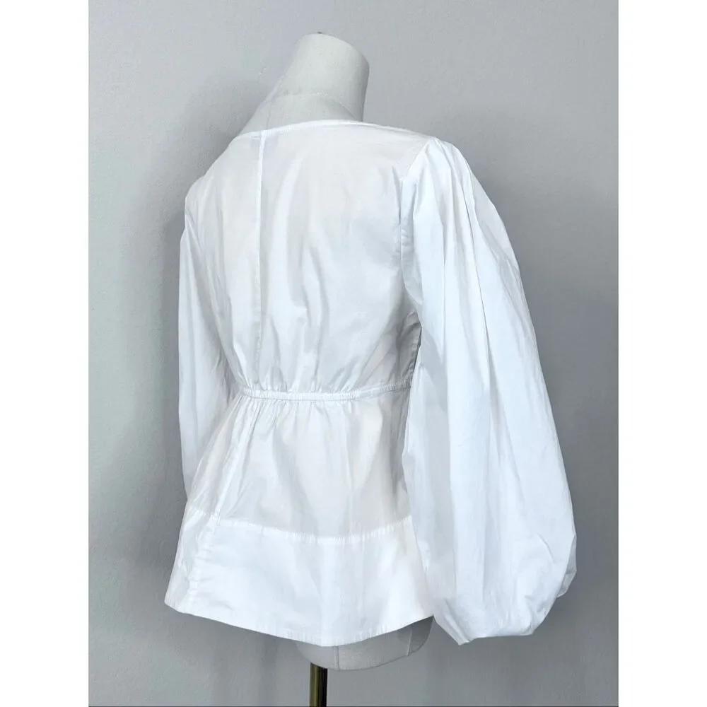 STAUD Sophie Blouse M White Square Neck Babydoll Peplum Puff Sleeve Top